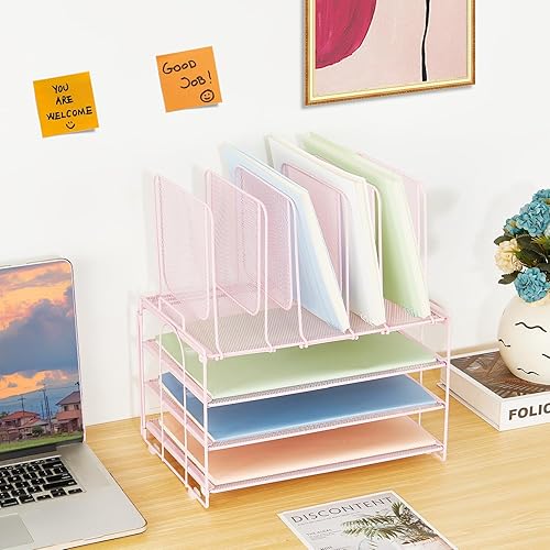 Miniatura 6 de Organizador de papel de escritorio con asa, bandejas de letras de 3 niveles con 5 soportes verticales para archivos, almacenamiento de papel,