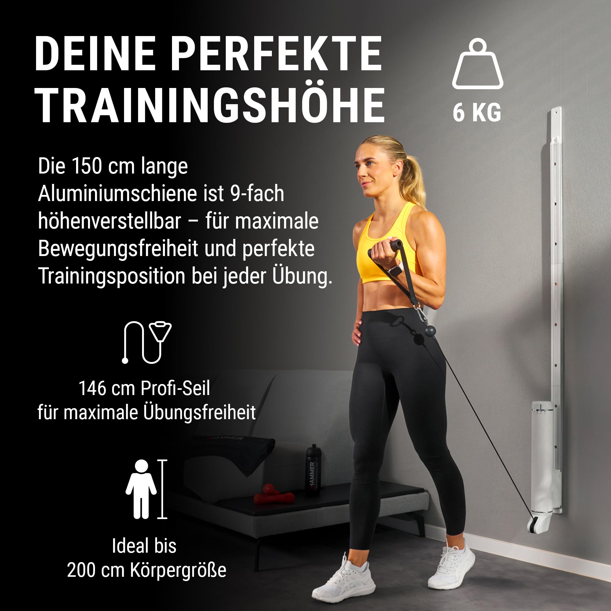 HAMMER Kraftstation Finnlo CablePull, Kabelzugstation, Kabelzug Trainer | Karfttraining Zuhause, 6 Widerstandsstufen, 146 cm Profi-Seilzuglänge, Seilzug 180° Grad drehbar, 9-fach höhenverstellbar