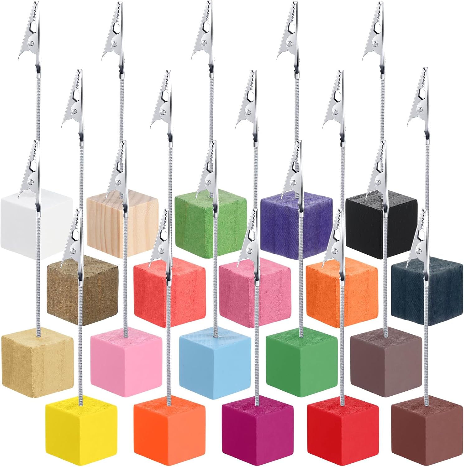 Gersoniel 20 Pcs Cube Base Memo Clip Holder with Alligator Clip Wood Base Table Number Holder Cube Base Place Card Holder Mini Photo Holder Clip Menu Holder for Displaying Number Card (Multi Color)