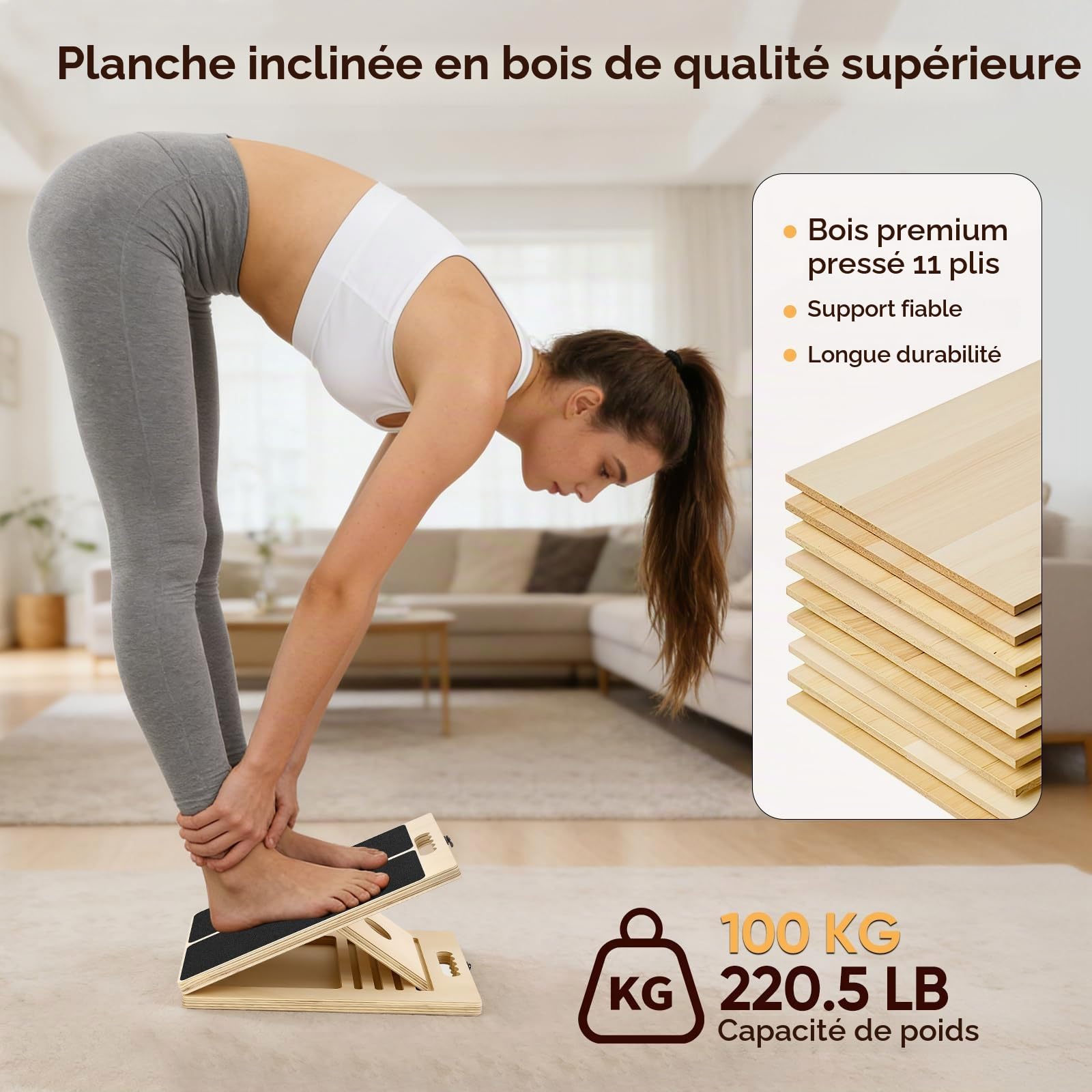 Planche Inclinée, Slant Board en Bois avec 5 Angles Réglables, Plan Incliné pour étirement des Mollets, équipement de Fitness Portable pour Exercice, Squats, Étirer Les Mollets