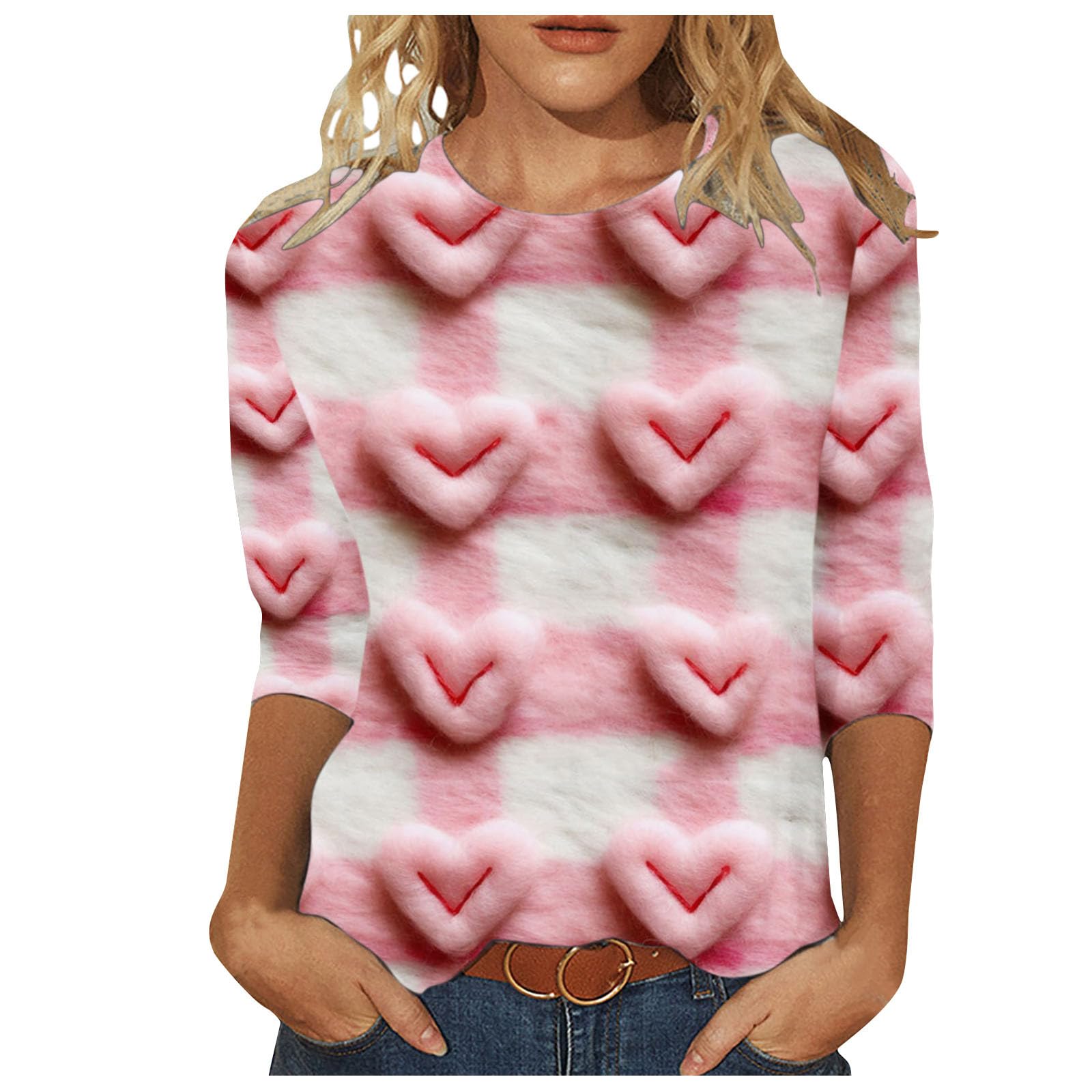 Casual 3/4 Sleeve Sweatshirts for Women UK Valentine's Day The Latest Style Fashions Sweatshirt Multi Style Cute Printed Crewneck Pullover Tunic Tops