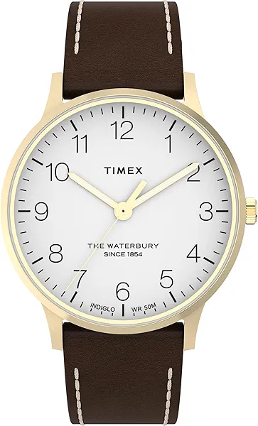 Timex Men's Waterbury Classic 40mm Watch - Brown Strap White Dial Gold-Tone Case