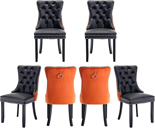 Miniatura 11 de Juego de 4 sillas de comedor de terciopelo, sillas de comedor tapizadas con ribete de cabeza de clavo, patas de madera, anillo de tracción, sillas