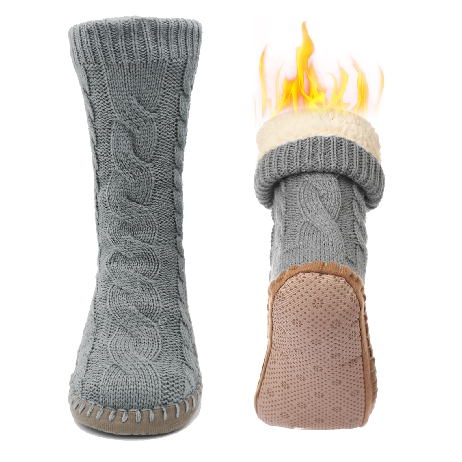 Slipper Socks for Women Grippers, Black Thick Lined Knit Slipper Sock With Sole Non Skid Bottom, Indoor House Fuzzy Slipper Sock for Hospital Floor,