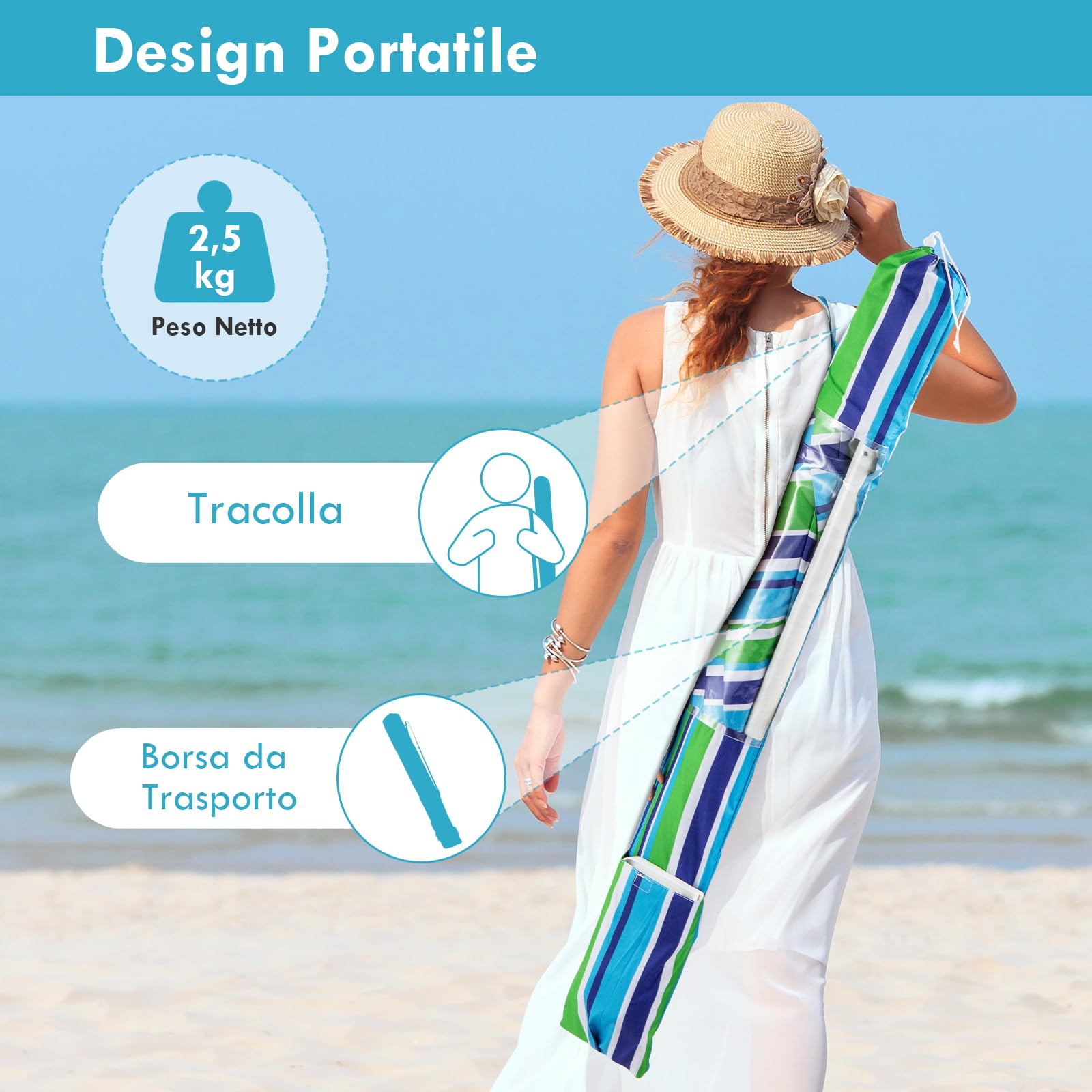 RELAX4LIFE Ombrellone da Spiaggia diametro 220 cm con Vassoio, Ombrellone da Mare Inclinabile a 8 Stecche con Air Vent, Protezione solare e impermeabile, Borsa di Trasporto Inclusi (Modello 4)