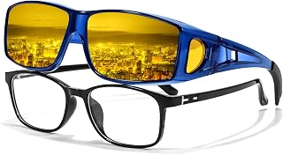 LVIOE Wrap Around Night-Vision Glasses, Fit Over Prescription Glasses with Polarized Yellow Lens Night-Driving Glasses