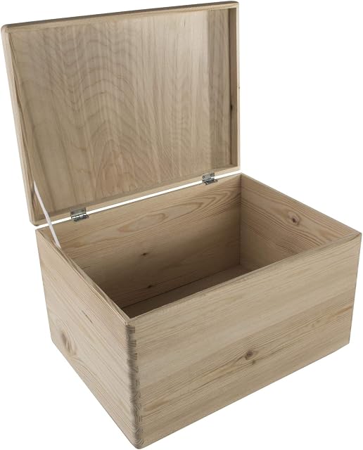 Rectangular Large+ Wooden Storage Box with Hinged Lid & Holding Tape | 40 x 30 x 23 cm | Memory Keepsake Chest | Unpainted Plain Pine to Decorate Craft