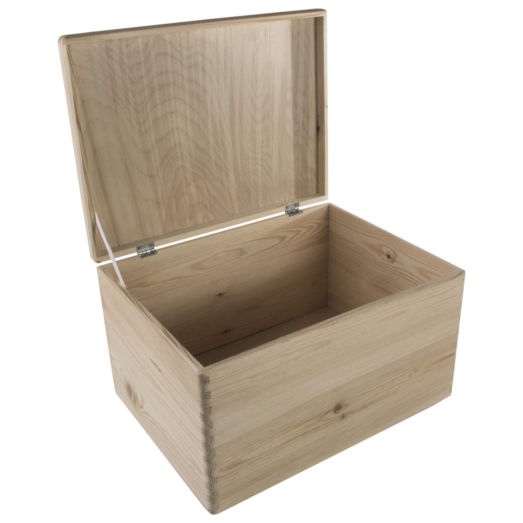 WooDeeDoo Large Deep Wooden Storage Box with Hinged Lid 40 x 30 x 23 cm – Decorative Pine Chest for DIY Crafts Memory Keepsakes Document 21L Storage - Unfinished Natural Organiser Container
