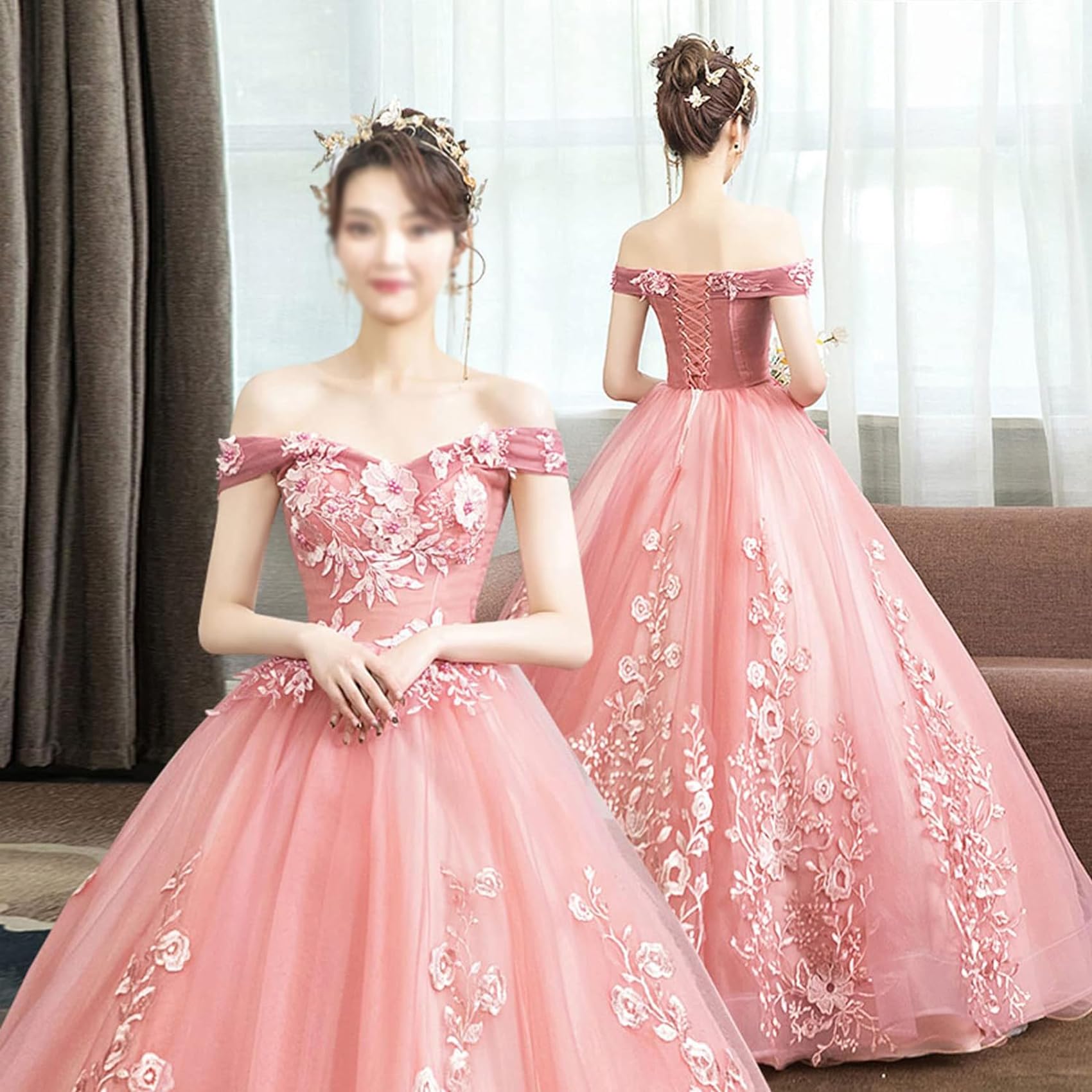 DJFOG Damen-Abendkleid, eine Schulter, Elegantes Tüll-Ballkleid mit Applikationen, Maxi-Party-Hochzeitskleider, langes, perlenbesetztes Party-Bankett-Kleid