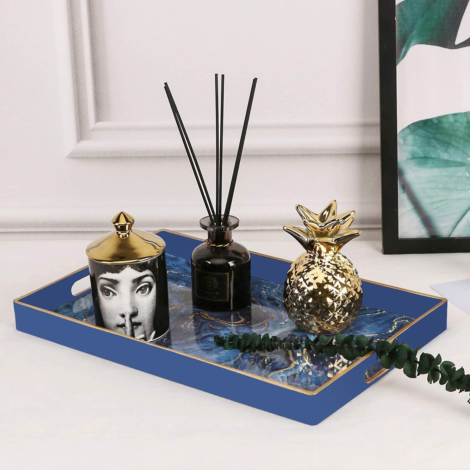 Zosenley Decorative Tray, Marbling Plastic Tray with Handles, Rectangular Vanity Tray and Serving Tray for Bathroom, Kitchen, Ottoman and Coffee Table, 15.6” x 10.2” (Blue)