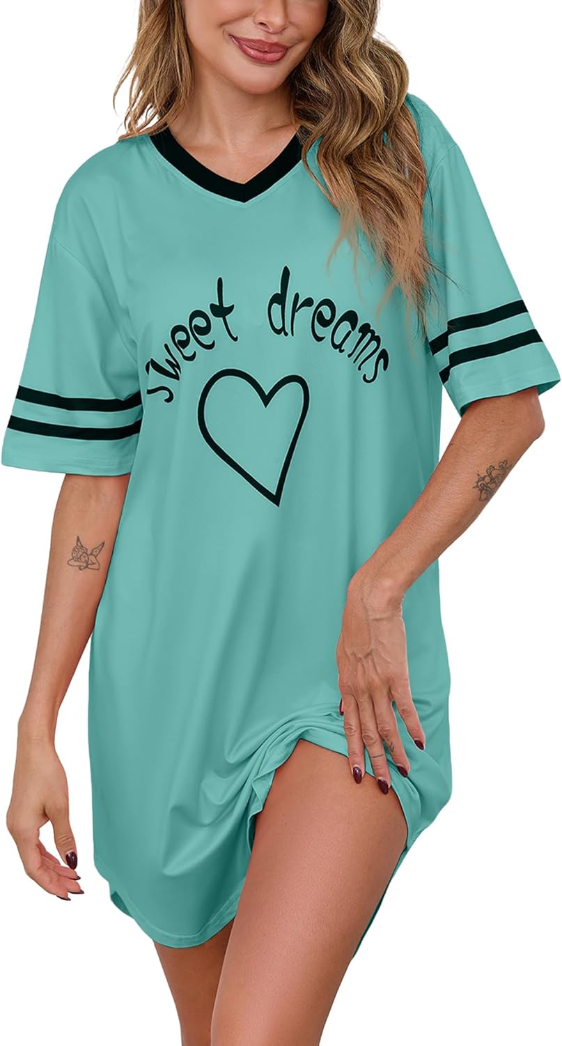 Marvmys Women Short Sleeve Nightgowns Comfy V Neck Nightshirt Casual Lounge Dress Sleepwear