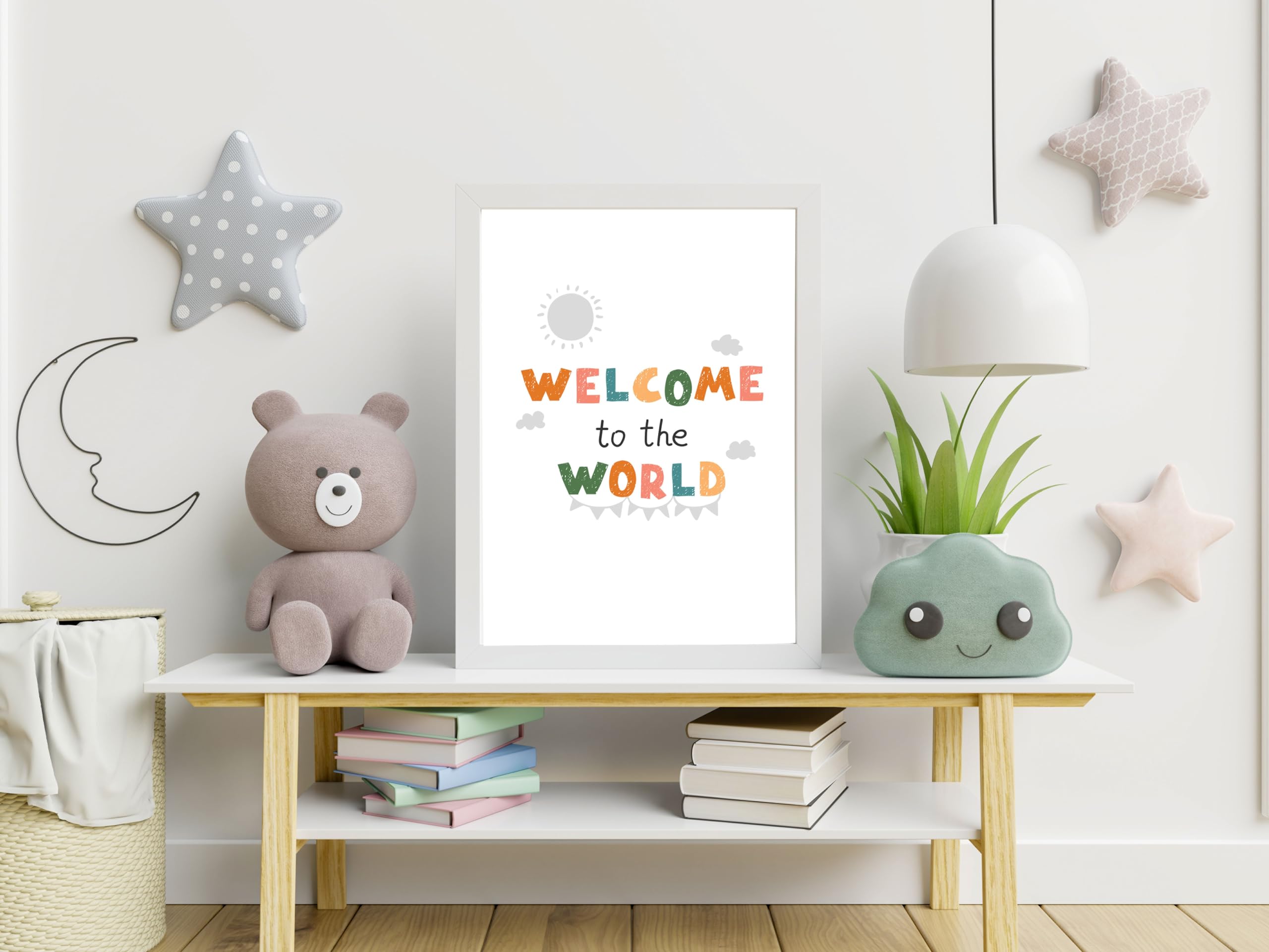 GIFTSHOPUK Welcome to the world | Typography Print | Colour Print Wall Print Art | A2 A3 A4 New-born Baby (White Frame - A2)