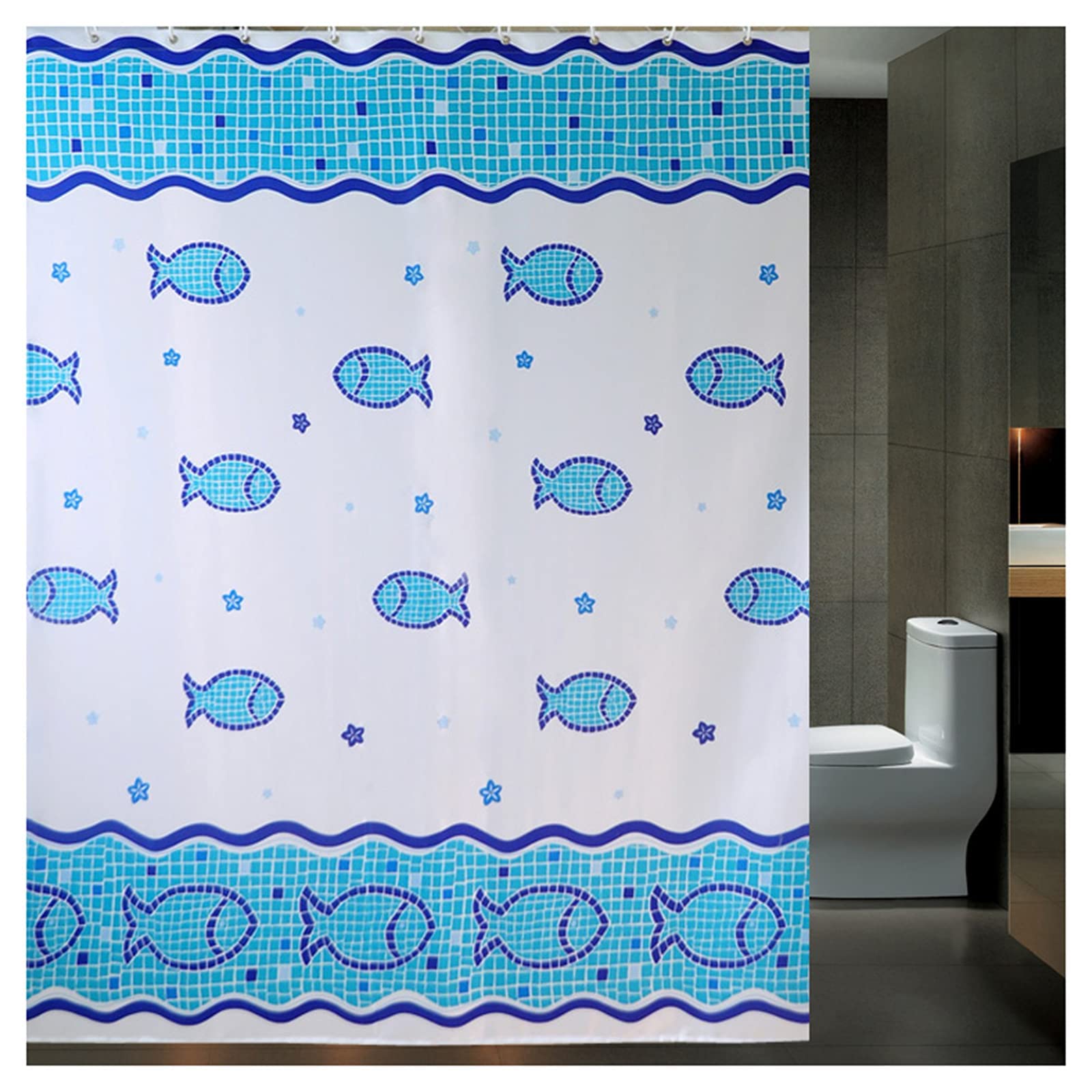 Rideau de douche poisson en polyester opaque et imperméable pour salle de bain