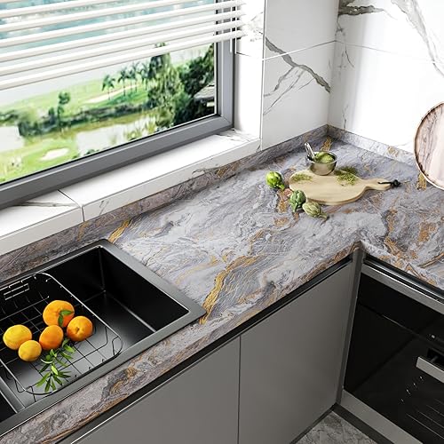 Miniatura 2 de CRE8TIVE Papel adhesivo de mármol gris dorado mate para encimeras, impermeable, 12 x 80 pulgadas, papel tapiz de mármol pizarra, despegar y pegar,