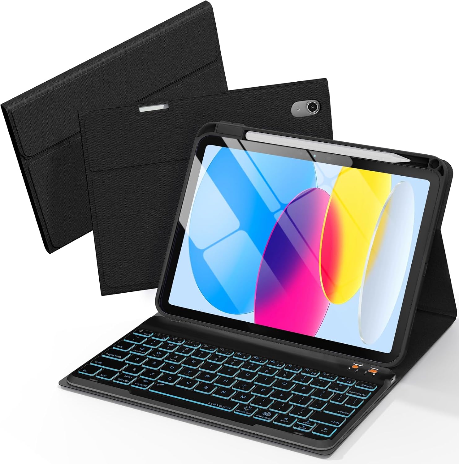 Folio Keyboard Case for iPad 10th Gen 10.9 inch (2022) and iPad 11th (A16, 2025), Magnetic Wireless Detachable Keyboard, 7-Color Backlight, Thin & Light, Pencil Holder (Black)