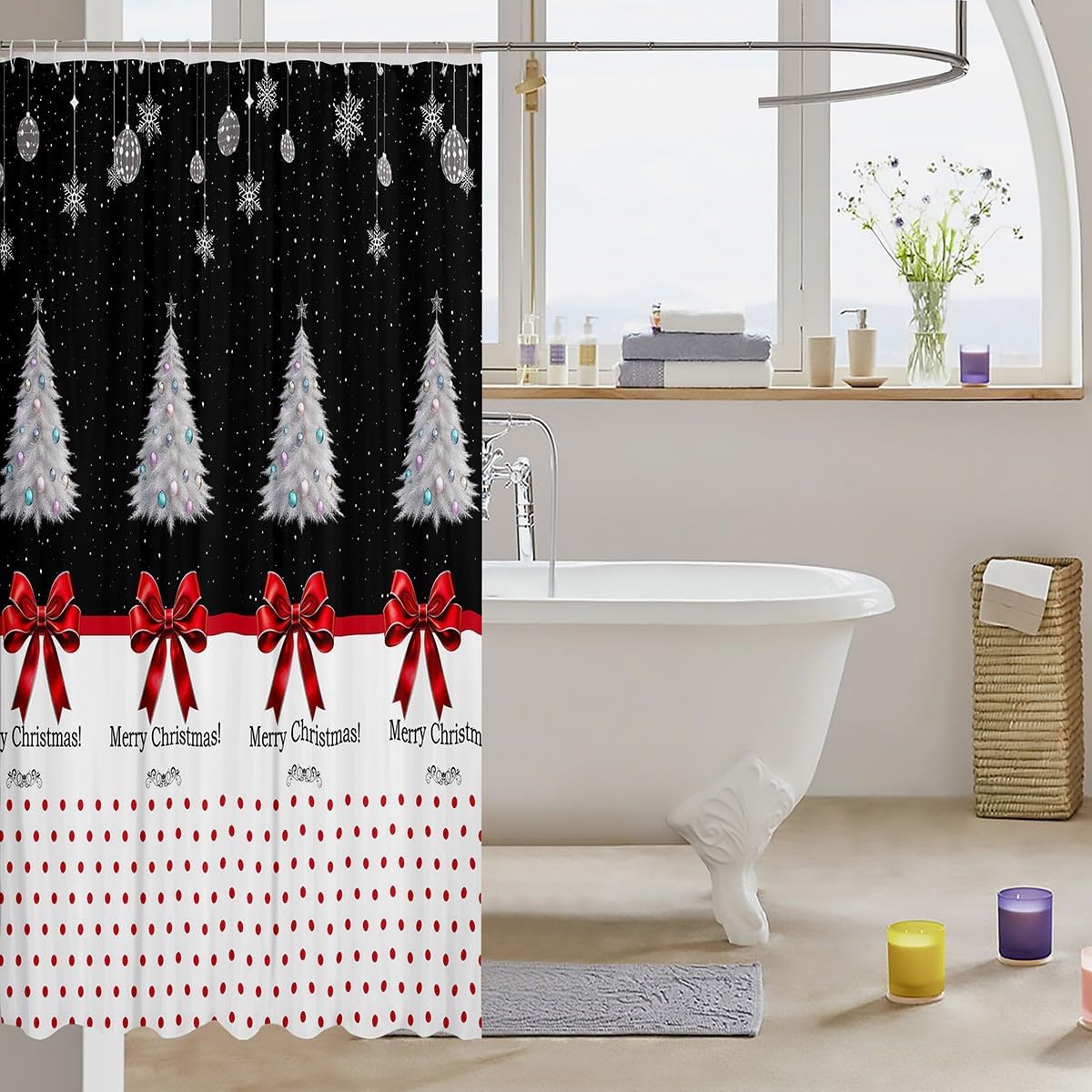 Festival Themed Bath Curtain Christmas Shower Curtain Merry Christmas Printed Bathroom Curtain 72Wx84L Red Bow Tie Polka Dots Bath Curtain Glitter Stars Shower Curtain for Boys Girls Kids Bathroom