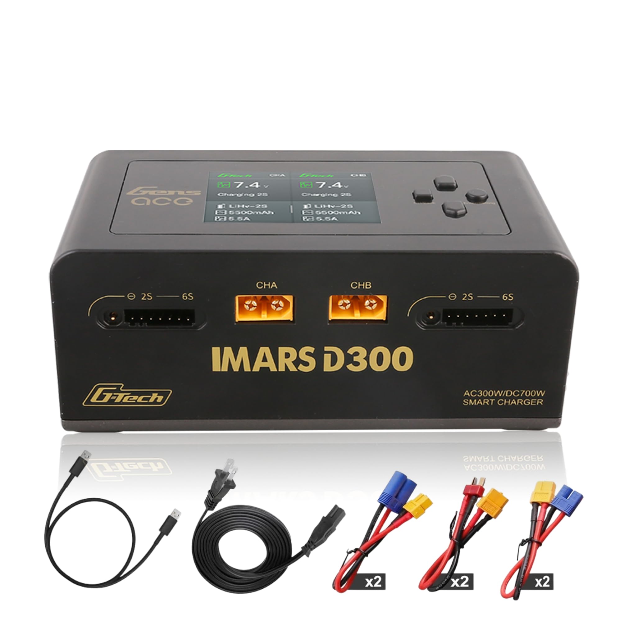 IMARS D300 Gens Ace Lipo Battery Charger G-Tech Series Smart Dual Lipo Balance Charger AC 300W DC 700W(350W*2) 16A Dual Channel Charger for 1s~6s Lipo Batteries, Life/NiCd/MH/LiHV, Plug&Play (Black)