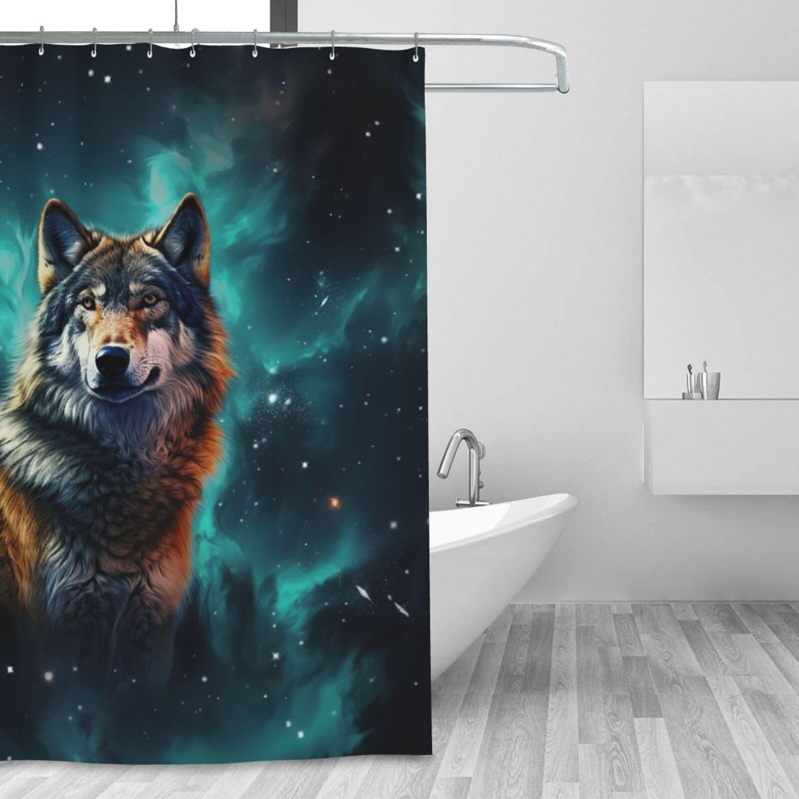 Rideau de douche loup déco chalet hivernal pour une salle de bain moderne et relaxante