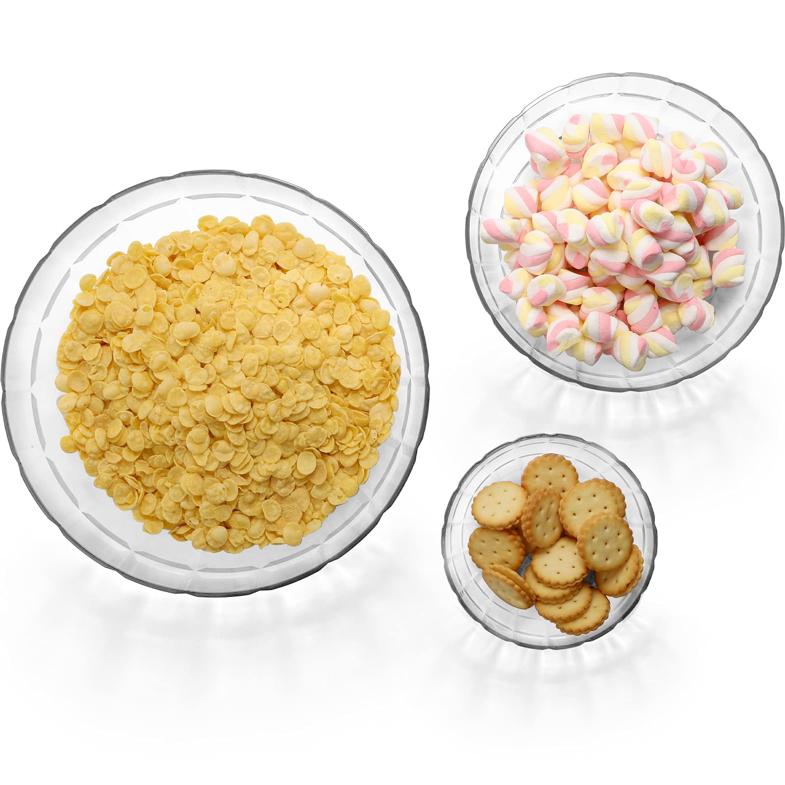 Okllen Zestaw 3 szt. przezroczystych plastikowych salaterek, 396,9 g/1,47 g/3,260 g, do mieszania i serwowania popcornu, chipsów i sosów, tekstura siatki, odporna na pękanie