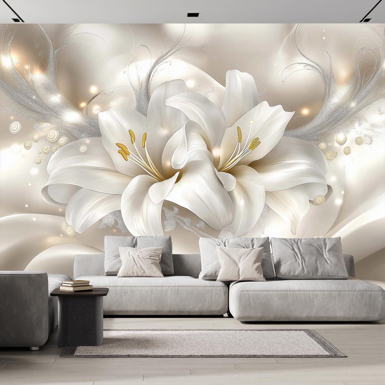 Fotomurale Fotomurali 3d Effetto Fiore Giglio Astratto, 350×256cm Pianta Carta da parati Decorazione da Muro Poster per Camere da Letto, Soggiorni, dei Bambini Carta da Parati