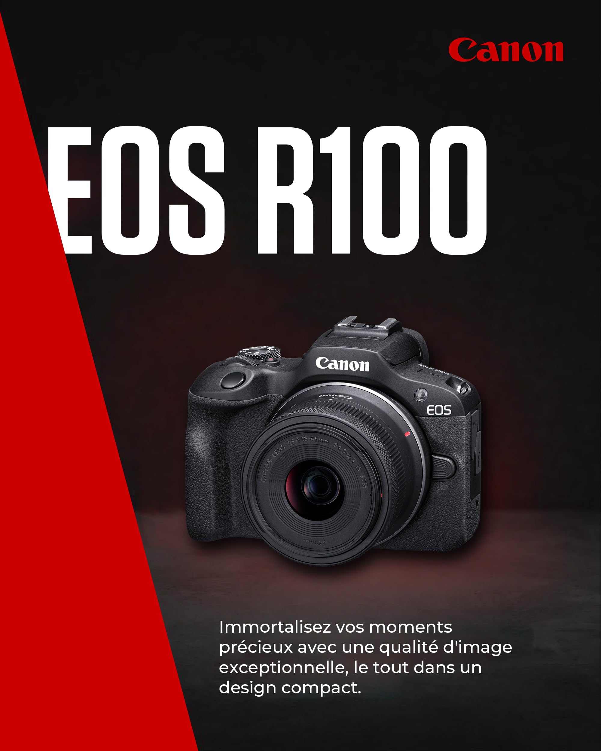 Canon EOS R100 Appareil Photo avec Objectif RF-S 18-45mm F4.5-6.3 is STM, Appareil Photo Hybride APS-C, Autofocus CMOS Dual Pixel, Vidéo 4K, Prise de Vue en Continu Jusqu’à 6,5 IPS, Wi-FI & Bluetooth