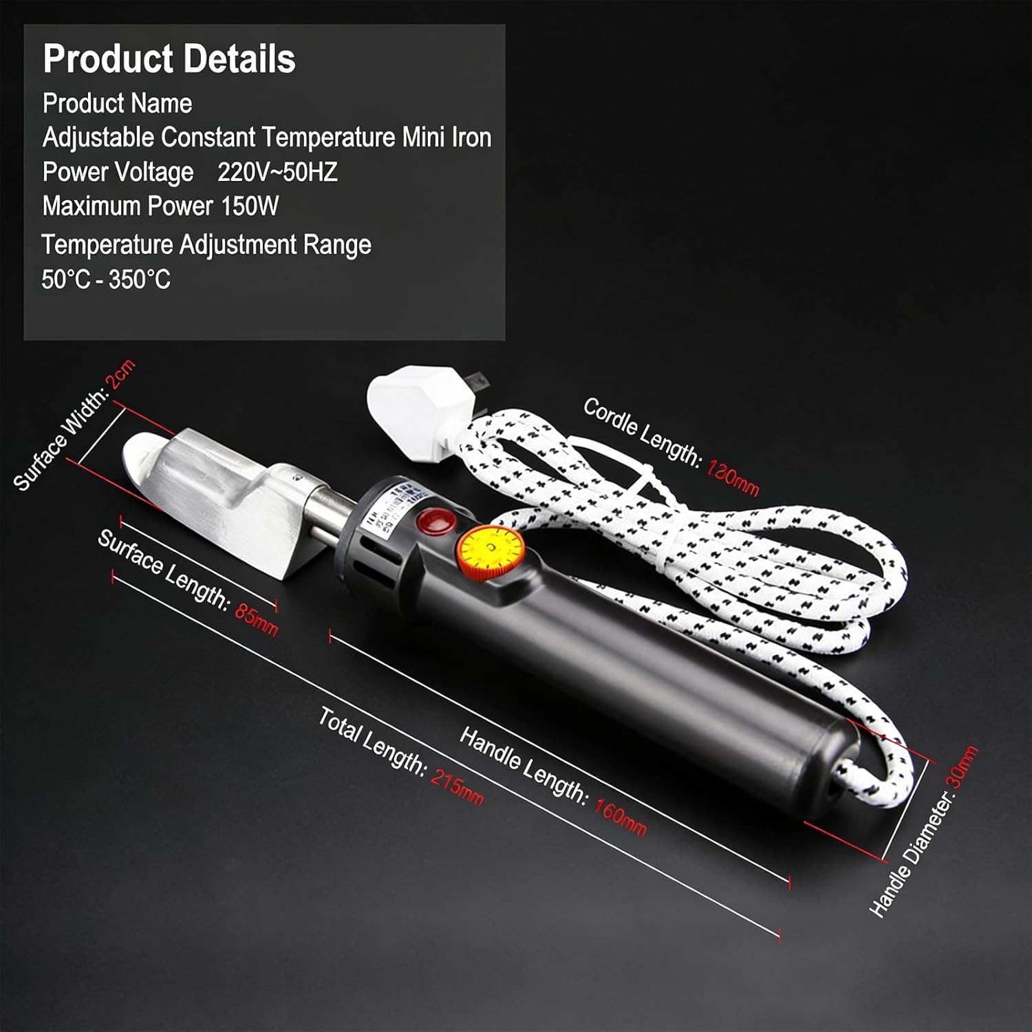 150W Electric Mini Iron For Leather Crafts, 50–350℃ Adjustable Temperature, Quilting Small For Repair, Shoes, Bags & Crease Removal, Wrinkle Removing Too Digital Display(Knob)