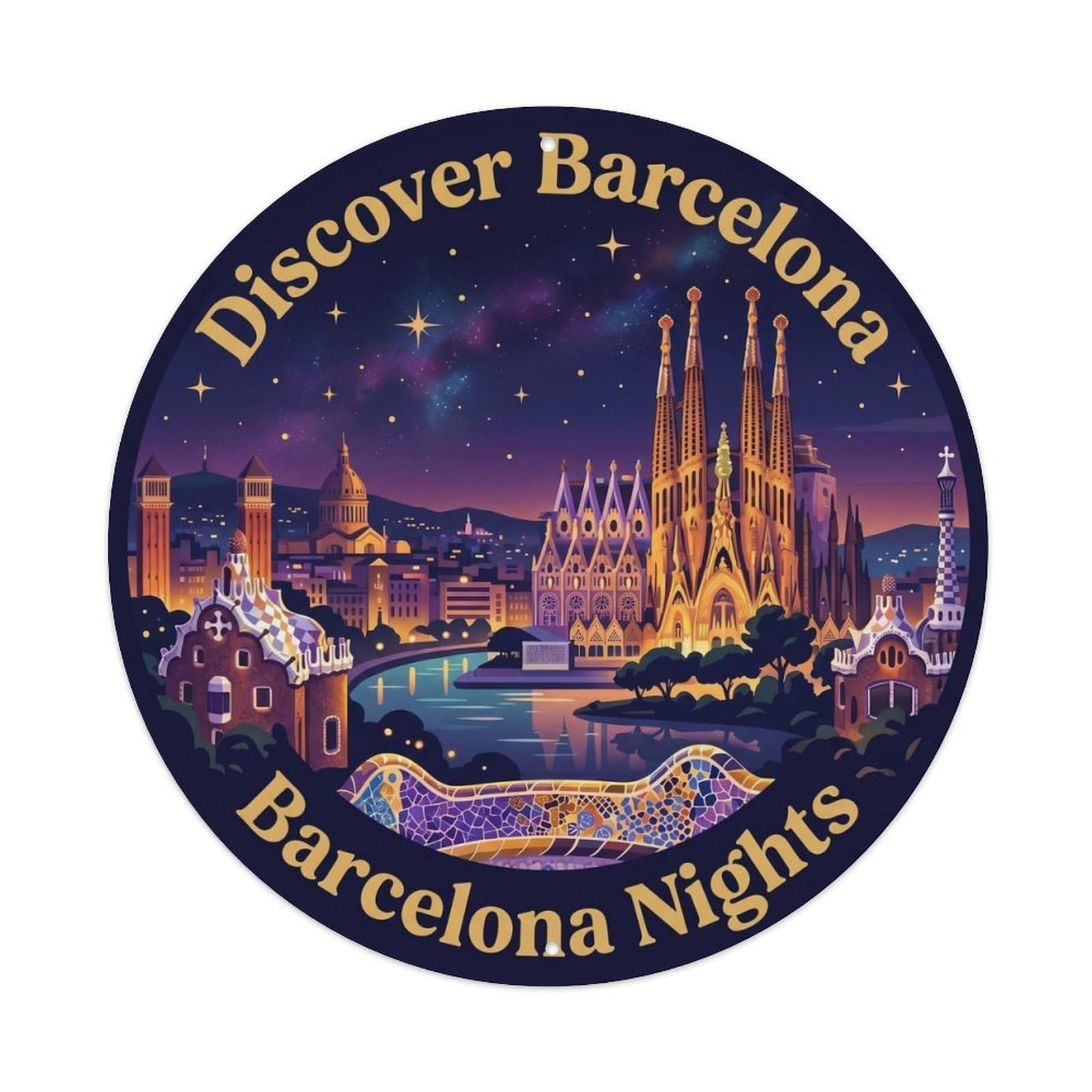 Barcelona Night Scene Adventure Retro Travel Spanish Cityscape Metal Tin Sign Plaque Wall Decor for Cafe, Man Cave, Club Bar, Office, Home Garden Round Metal Poster 8x8Inch