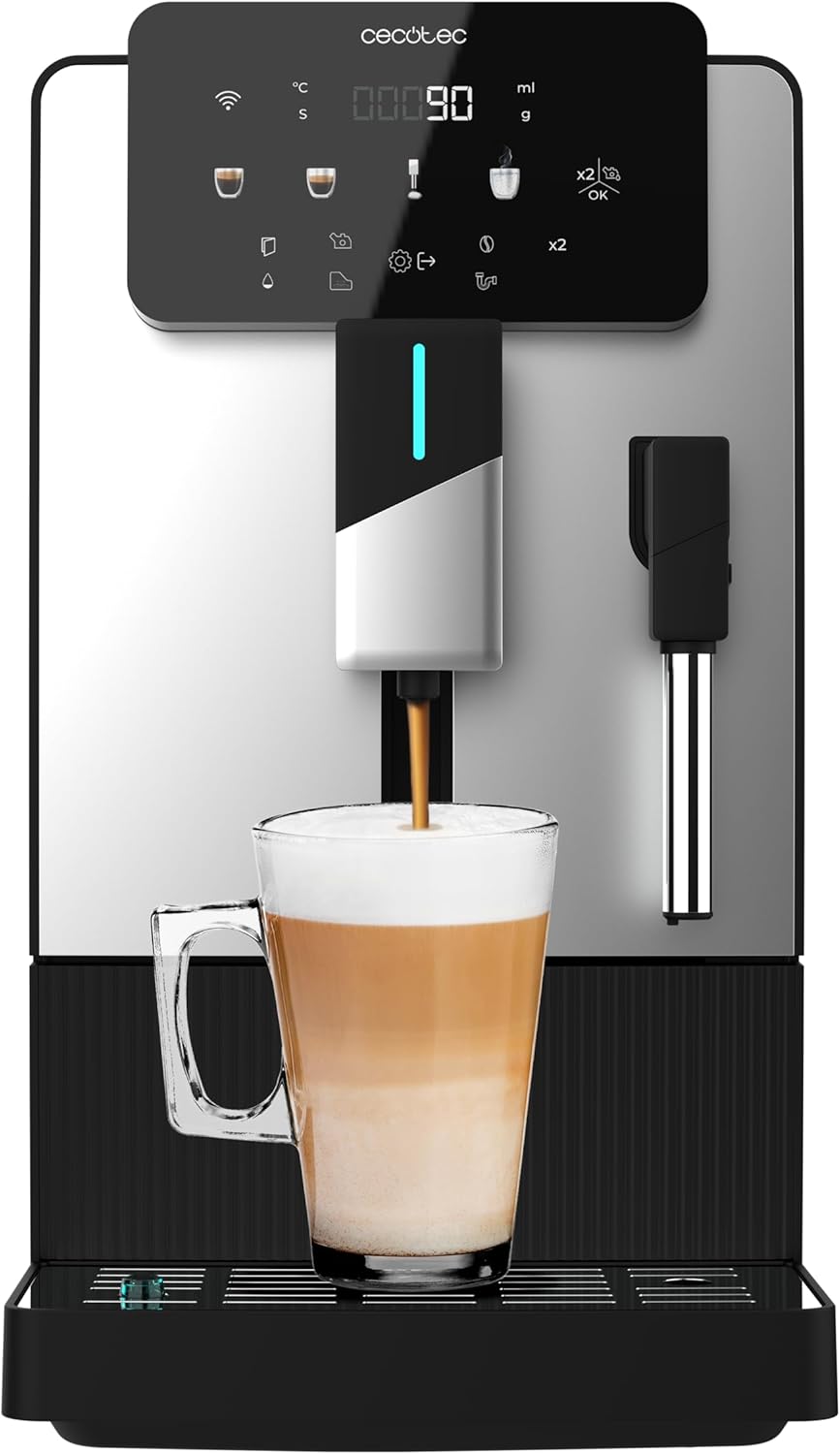 Cecotec Cremmaet Cafetera Superautomática de Vapor, 1350W, 19 Barras, 5 Niveles de Molido, Depósito de Grano de 150 g y Agua 1,1L, Termobloque, Vaporizador, Altura Regulable, Limpieza Automática, Panel Táctil