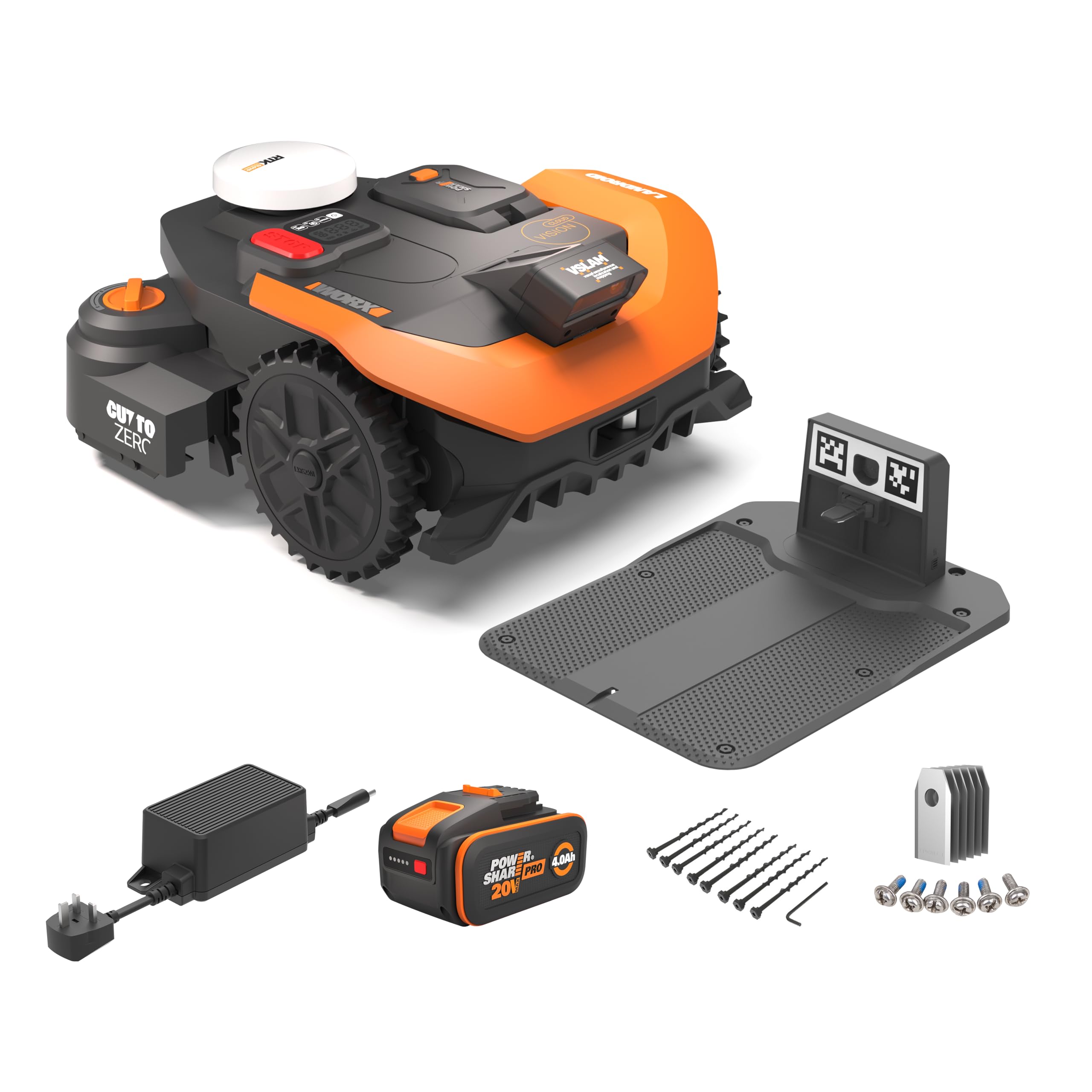 WORX Vision Cloud 2WD WR312E Robot Tondeuse 1200 m² sans Fil périphérique + Garage (évitement d'obstacles par IA, Navigation VSLAM + RTK, cartographie Auto, contrôle Via app, Cut-to-Zero)