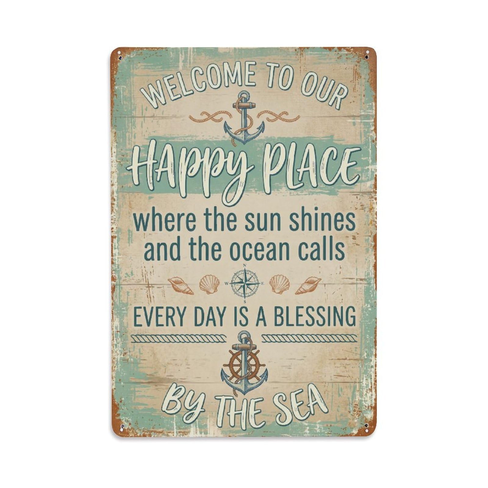 Welcome To Our Happy Place Beachhouse Deck Vintage Metal Tin Sign Plaque Wall Decor for Cafe, Club, Garden Metal Poster 8x12Inch