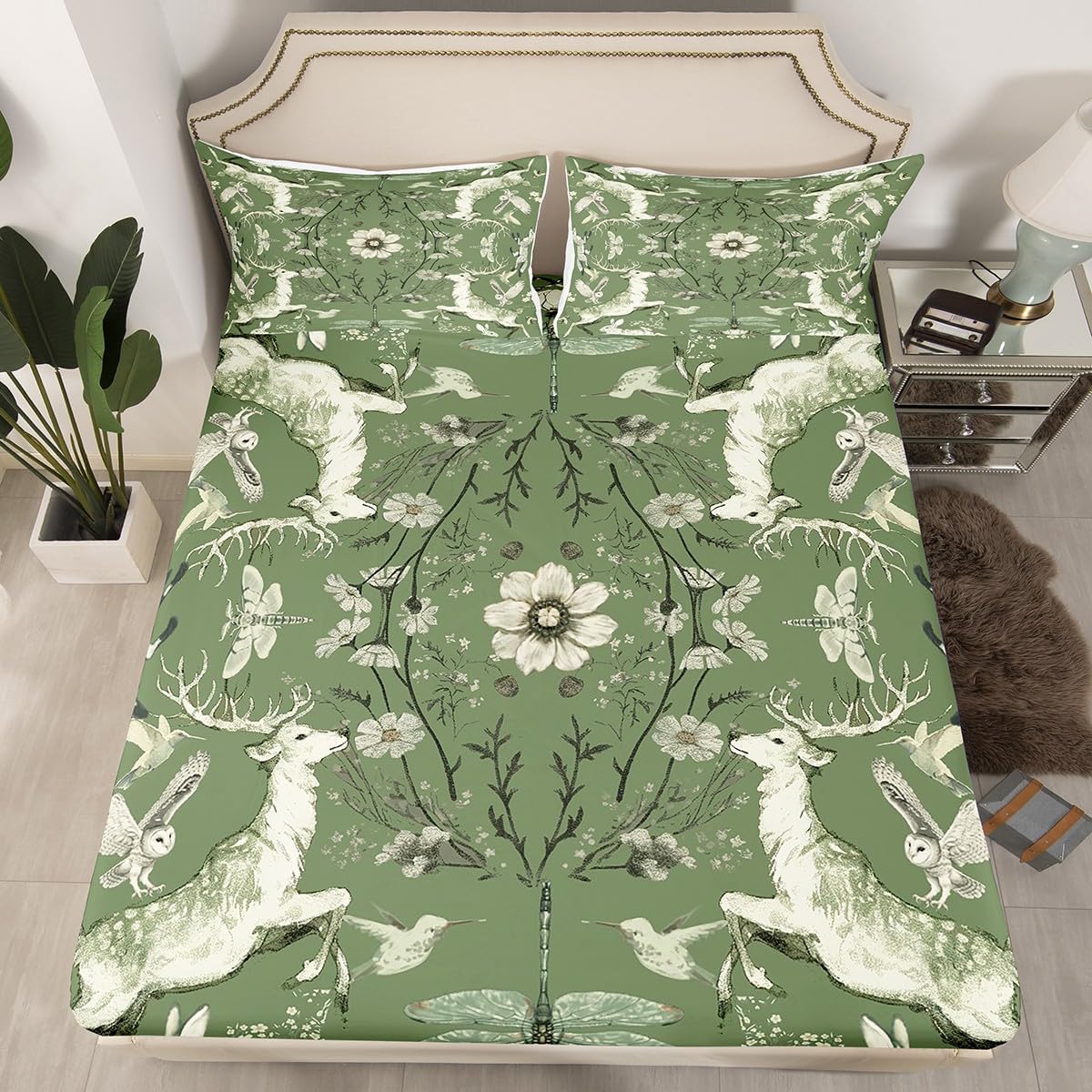 Homewish Rustic Farmhouse Animals Kids Sheet Full Size,Deer Owl Rabbit Dragonfly Insect Bedding Set, Daisy Flower Leaves Kids Room Decor,Baby Green Sheet(Fitted+Flat+2 Pillowcases)