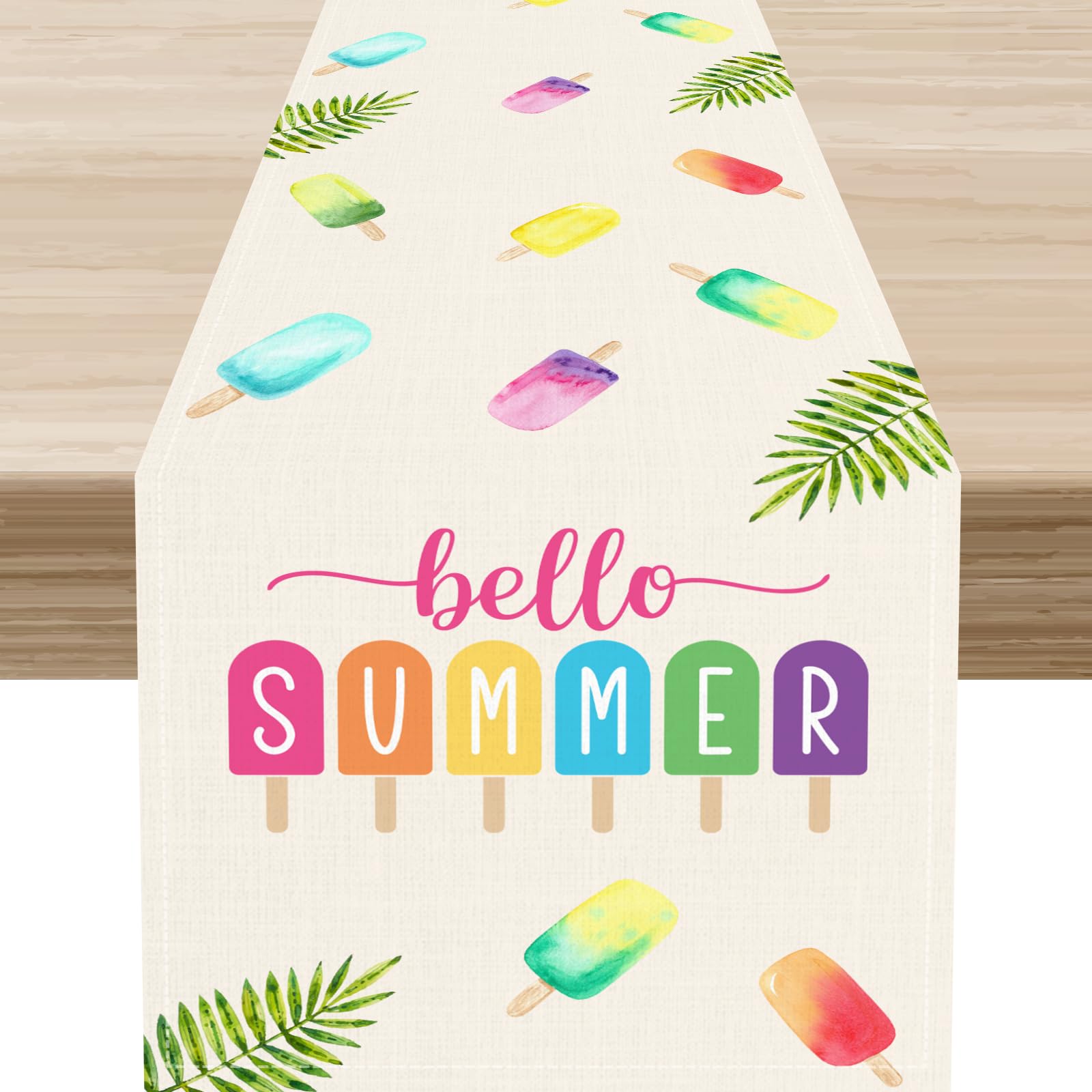 Hello Summer Table Runner, Green Watercolor Ice Cream Popsicle Palm Tropical Coffee Table Center Decor for Family Kitchen and Living Room Outdoor