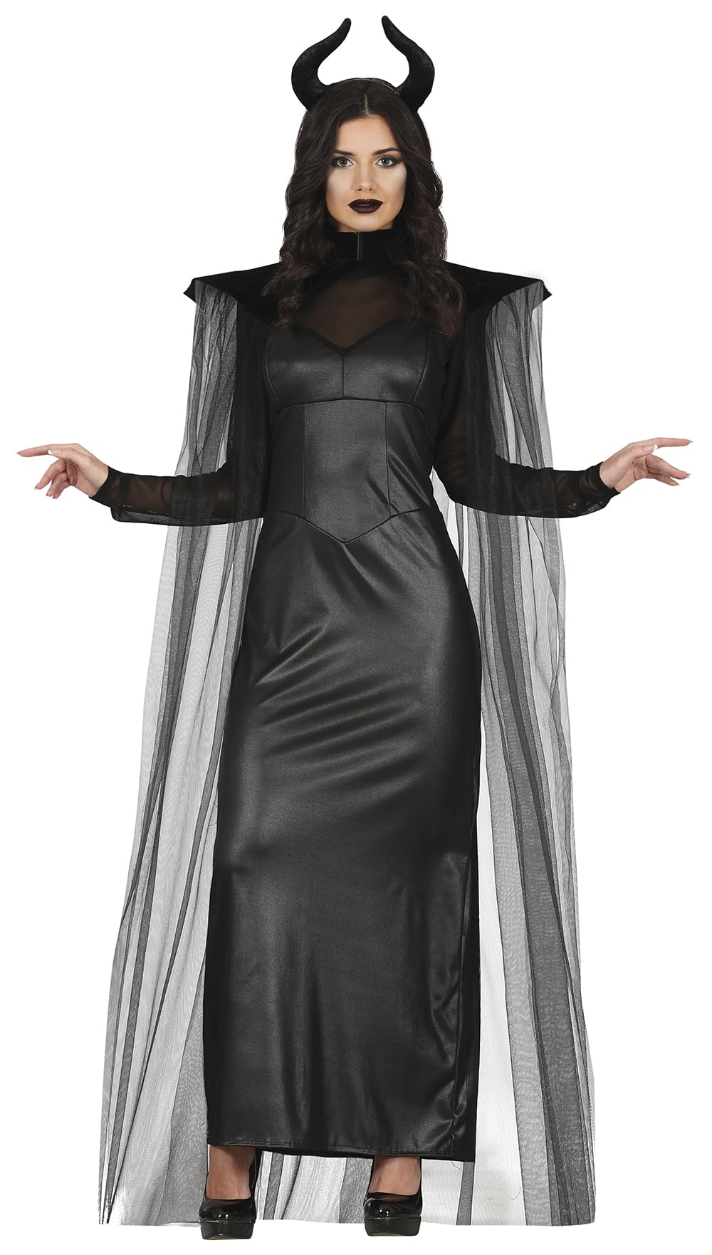 FIESTAS GUIRCA Evil Fairy - Elegant Black Dress with Cape and Horns Fancy Dress Costume Adult Woman Size M 10-12
