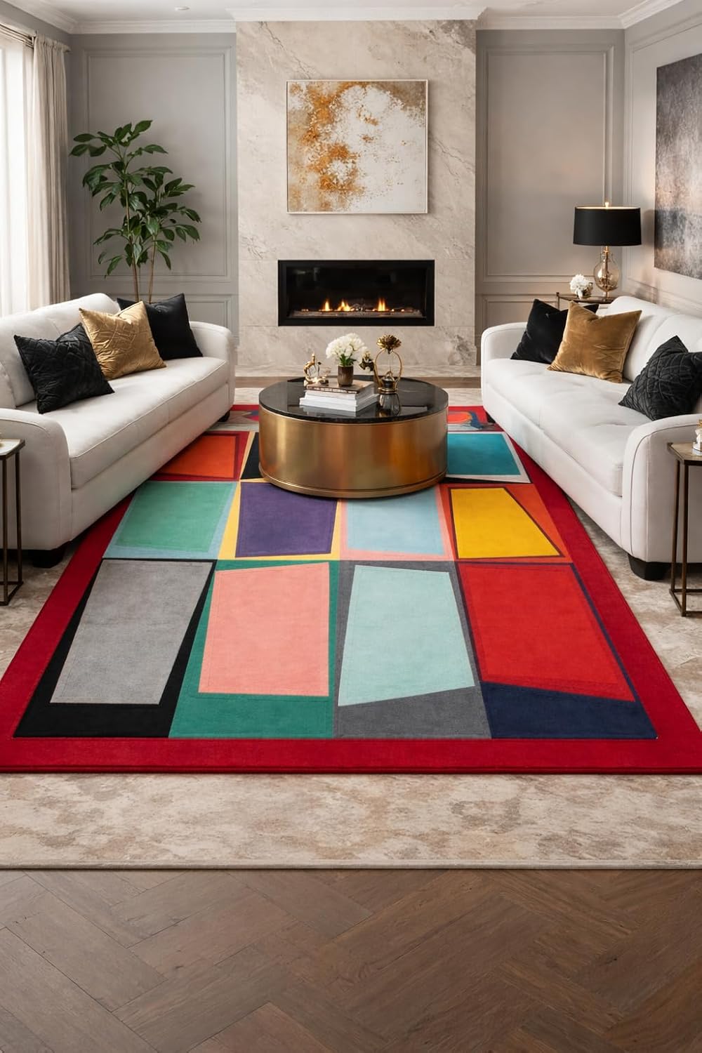 Modern Geometric Area Rug, Red Border with Multicolor Rectangles, Contemporary Abstract Design, Living Room Decor (8 * 10 feet)