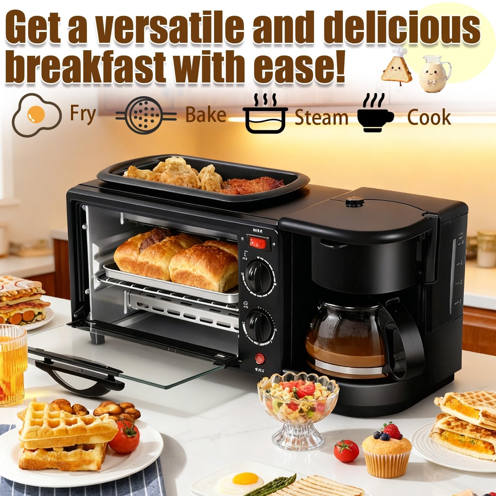 Stazione di colazione compatta 3 in 1 con macchina per il caffè, mini forno e griglia.60Min Timer, Superficie Antiaderente.Apparecchio da cucina salvaspazio per uova, pancetta, frittelle.Facile Pulito