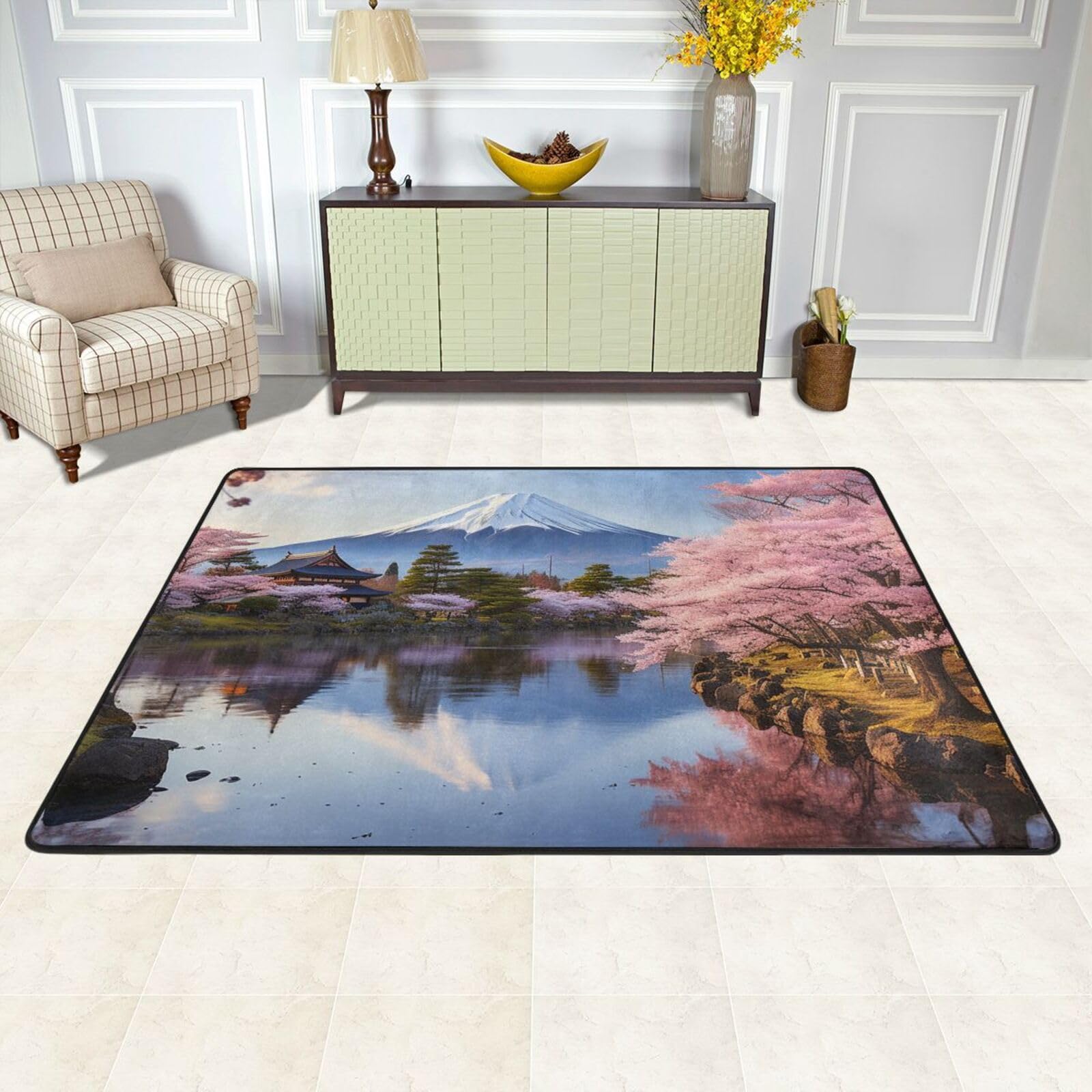 Tapis motif fleurs de cerisier Fuji 183x122 cm aux finitions soignées