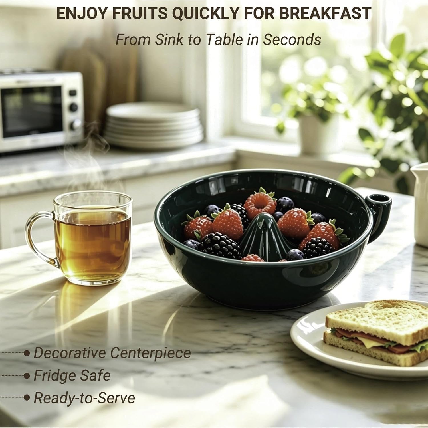 Self-Spinning Berry Washing Bowl, Glazed Ceramic Berry Bowl with Raised Center and Drainage Holes, Fruit Rinse Colander for Strawberries, Blueberries, Grapes, Cherry Tomatoes and Small Produce