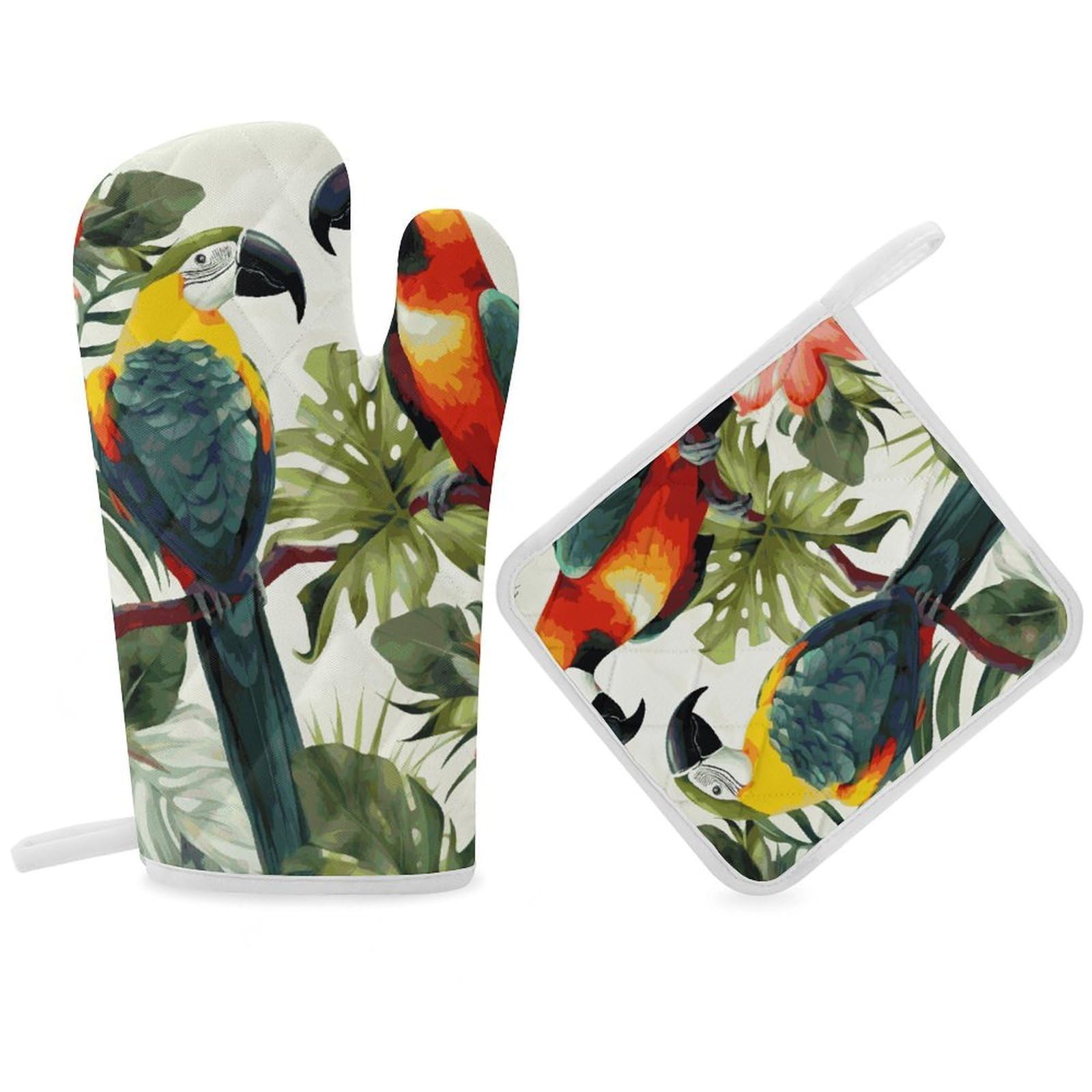Toucans Parrot Palm Tree Leaves Oven Mitt Thick Substantial Heat Insulation Gloves Soft Skin-Friendly Temperature Resistant Oven Mitts for Cooking Lover Cooks