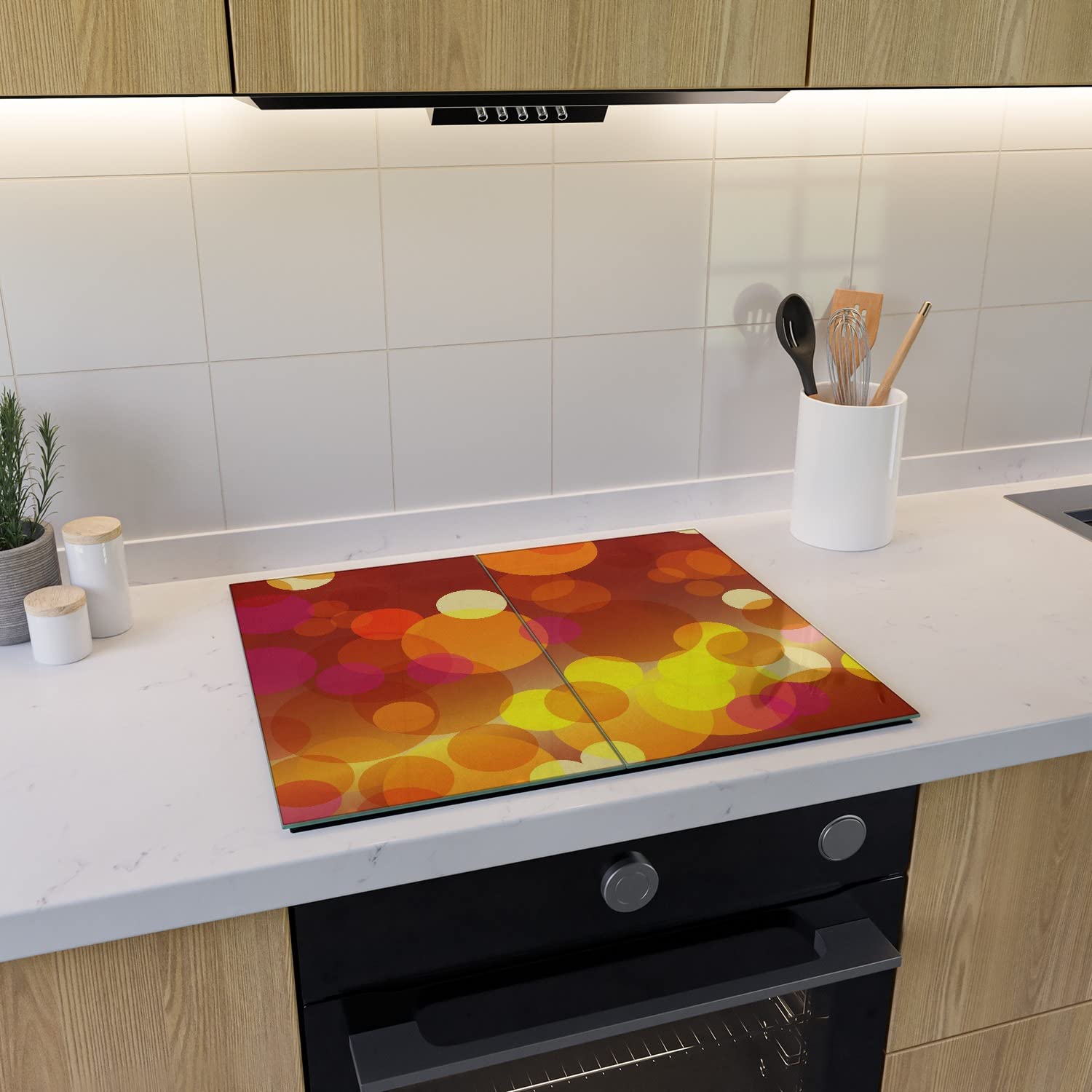 Wallario Herdabdeckplatte/Spritzschutz aus Glas, 2-teilig, 60x52cm mit 13mm hohen Füßen, für Ceran- und Induktionsherde, Rote gelbe und orange Kreise - harmonisches Muster