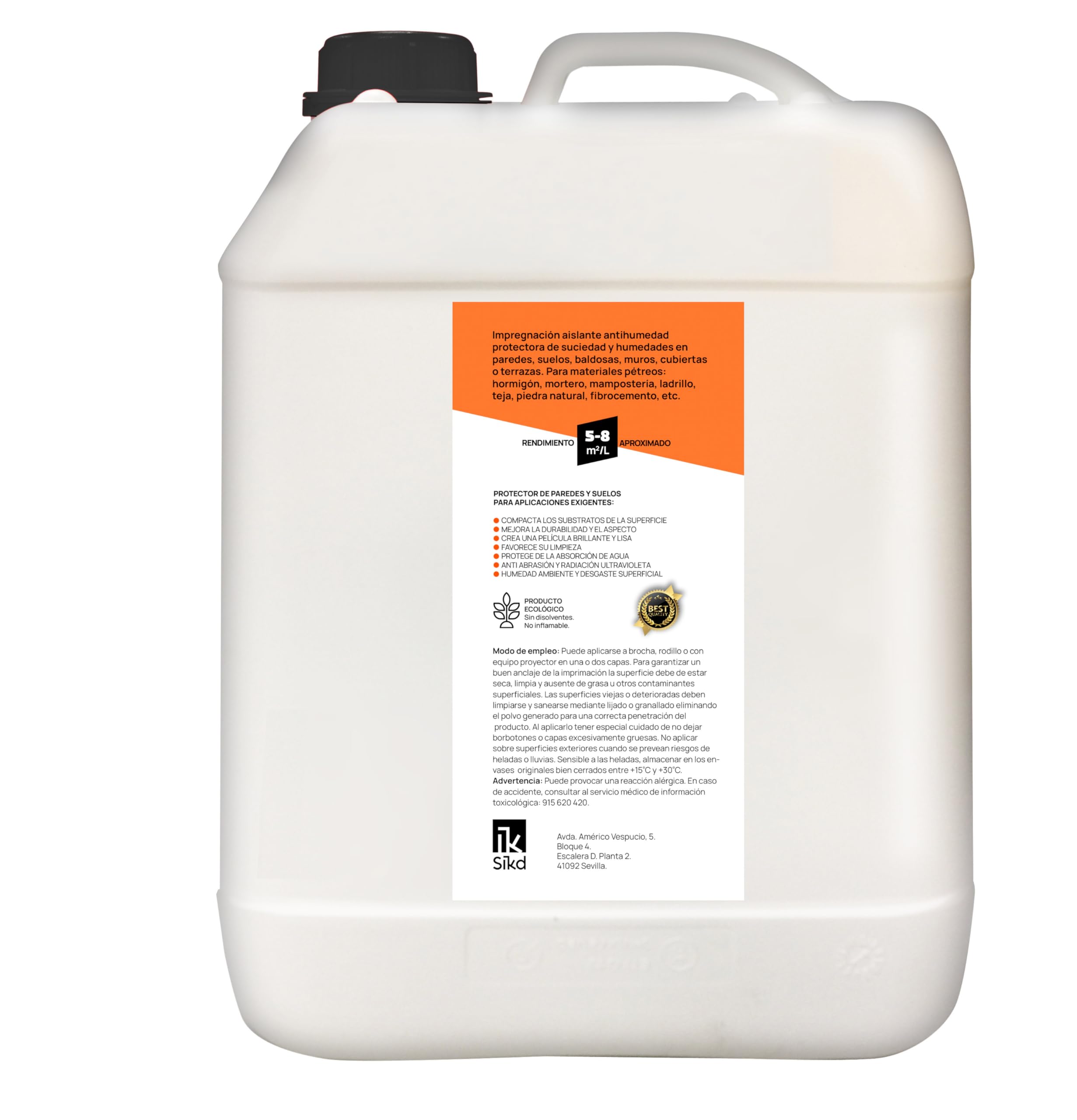 SIKD - Impermeabilizante Transparente. Hidrofugante Repelente al Agua para Fachadas y Suelos Pétreos 5 Litros. Pulverizador a Presión de 2 L para su Aplicación