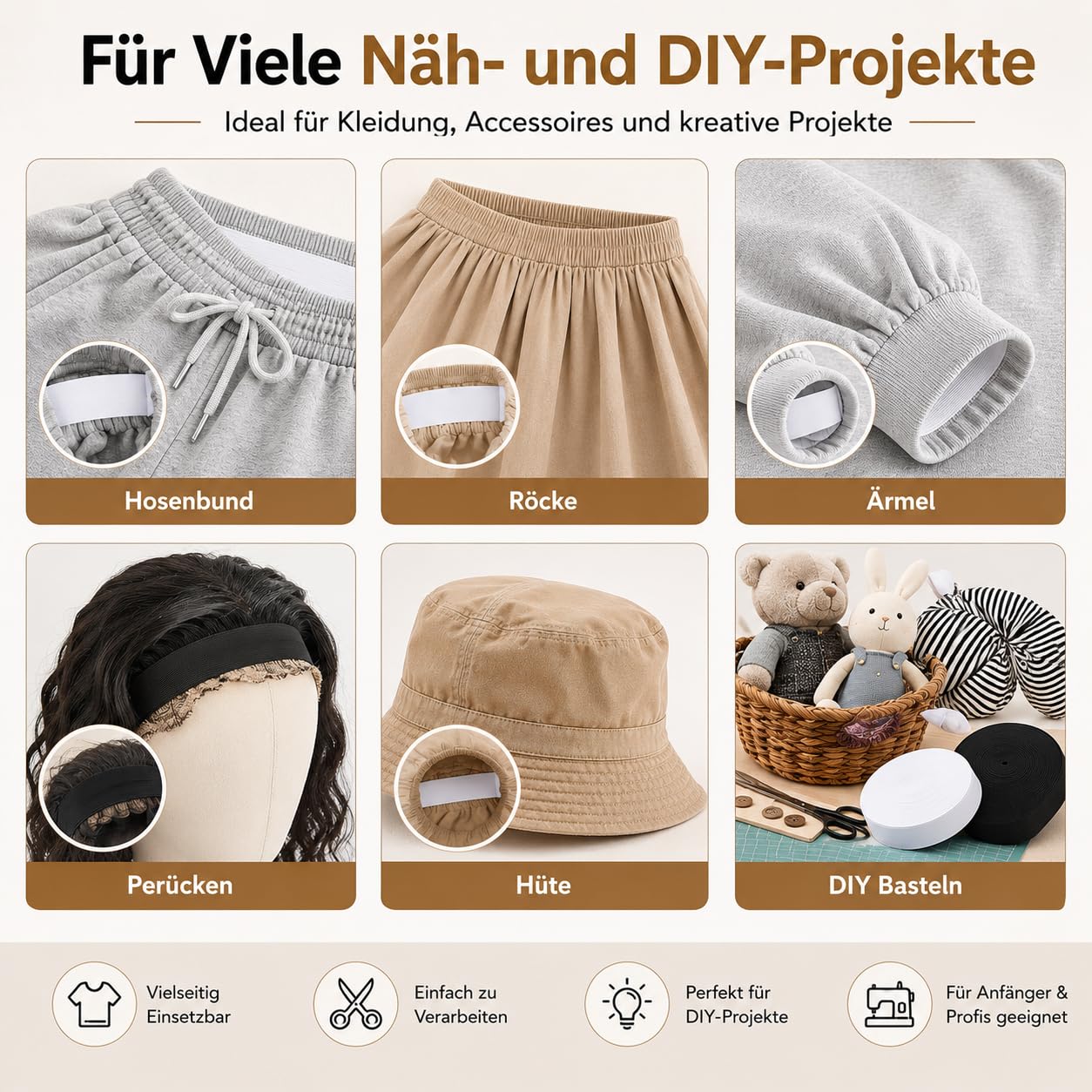Gummiband Nähen 30 mm Breit, 20m Schwarz & Weiß Elastisches Band für Bund, Hosen, Perücken und DIY-Bastelprojekte