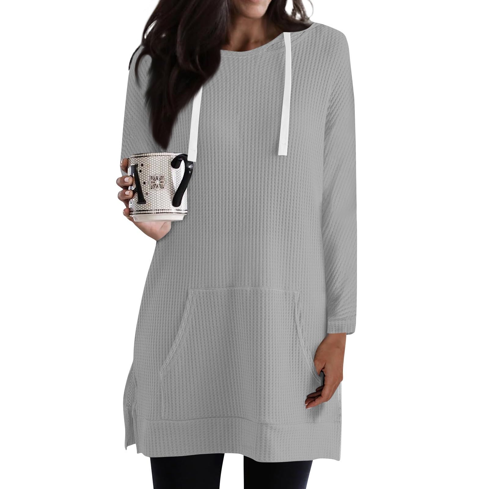 GenericWomen's Solid Color Loose Shirts Long Sleeve Drawstring Hoodies Knit Side Slit Tunic Hooded Tops with Pocket 2024