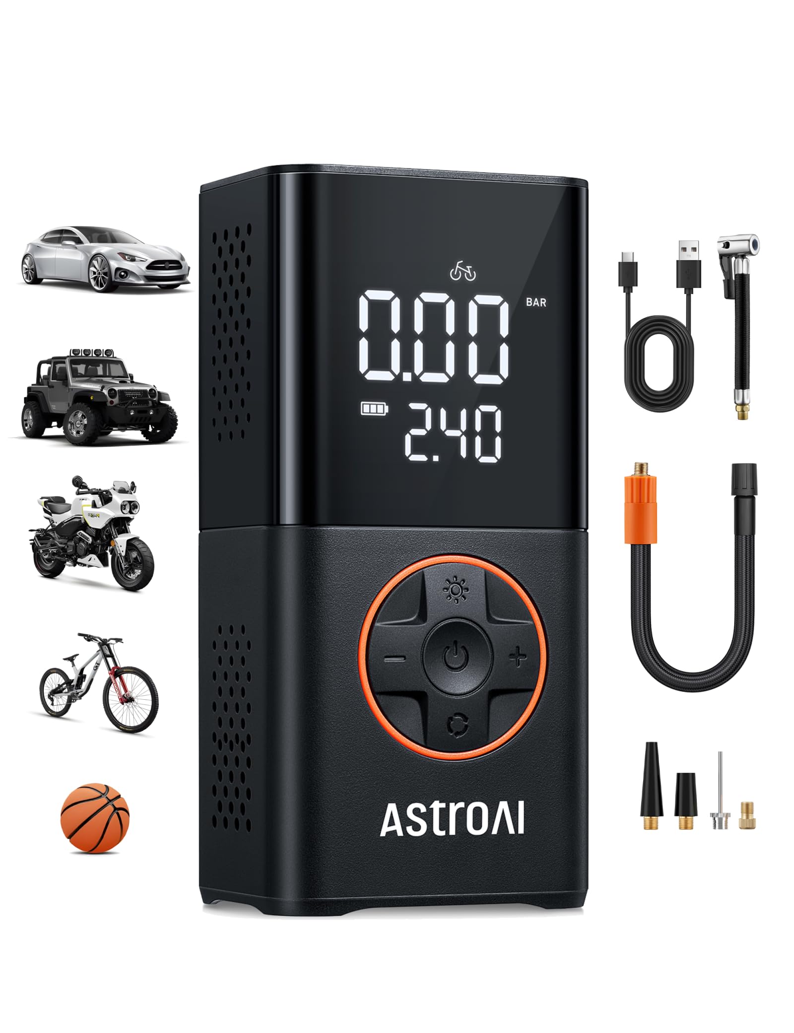 AstroAI Kabelloser Elektrische Luftpumpe, Tragbare Akku Fahrradpumpe mit alle ventile, LED-Licht, Wiederaufladbare Reifenpumpe für Fahrrad, E-Bike, Auto, Motorrad, Bälle
