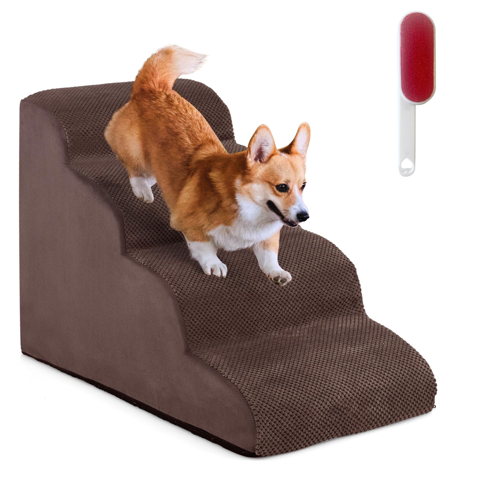 GYMAX Scaletta per Cani in Spugna, Fondo Antiscivolo, Rivestimento Rimovibile e Lavabile, Scala per Animali Domestici per Divano e Letto (4 Gradini - Caffè)