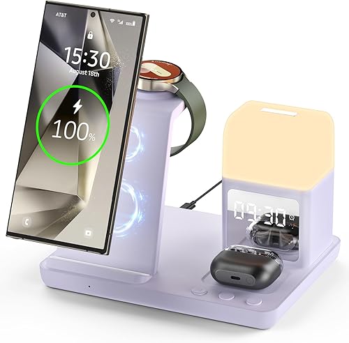 Estación de carga de reloj despertador para dormitorios, cargador de reloj inalámbrico para Samsung Watch 876, estación de carga inalámbrica con luz