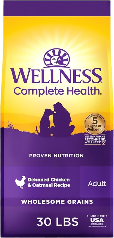 Wellness Complete Health Alimento seco para perros adultos, croquetas de granos saludables, receta natural, pollo y avena, bolsa de 30 lb