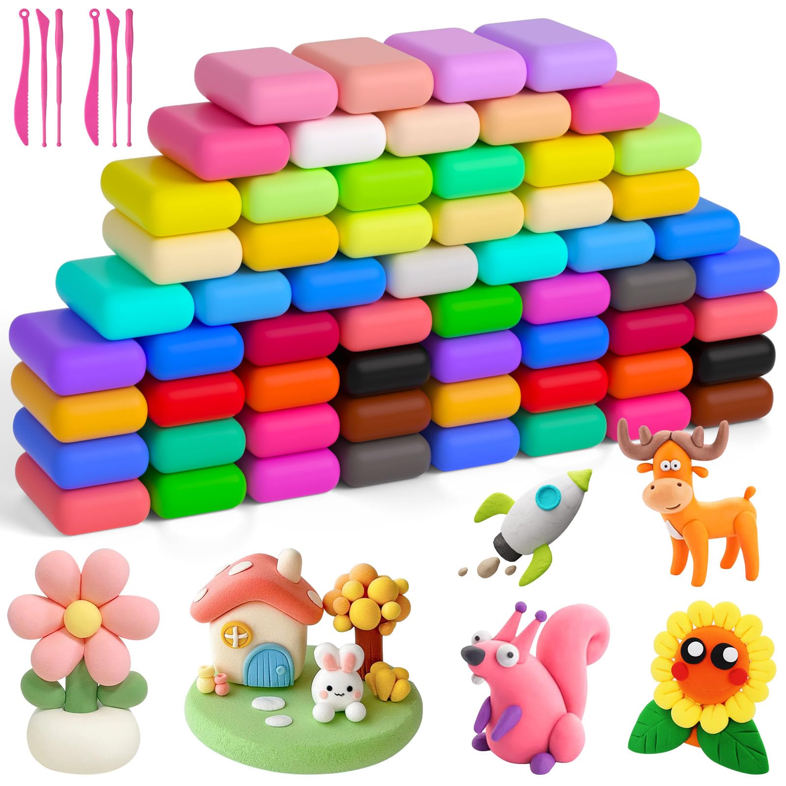 Ainiv Air Dry Clay Kit, 60 Colors DIY Model Magic Clay for Kids, Modeling Clay with 6 Sculpting Tools, Safe and Non-Toxic, Ultra Light Arts and Crafts Kits for Boys Girls, Best Gifts for Kids