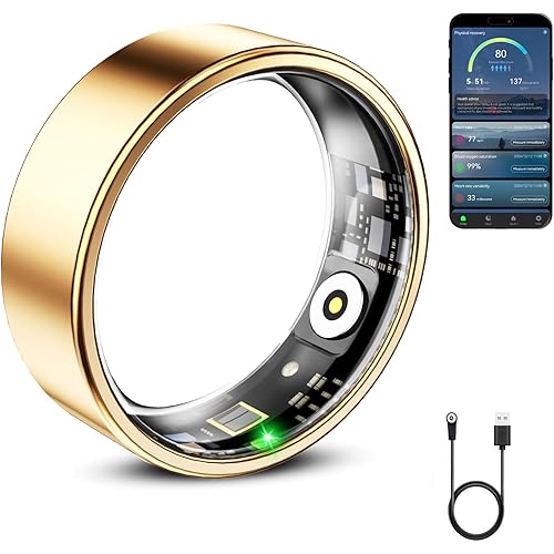 Mirlray Smart Ring for Women & Men, Smart Ring Health Tracker, Blood Oxygen & Heart Rate Monitor, Long Lasting Battery Sleep Ring, Waterproof Fitness Ring (Gold, 7)