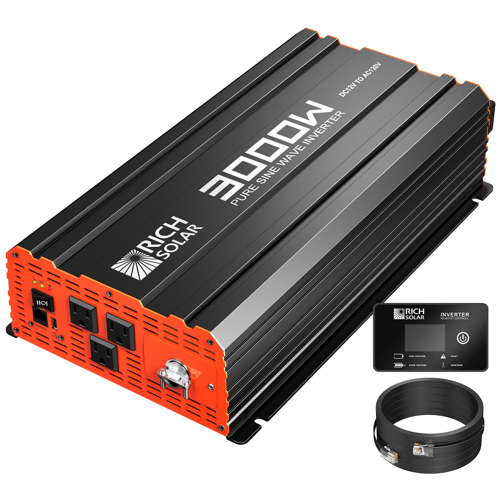 RICH SOLAR 3000 Watt 12 Volt Industrial Pure Sine Wave Inverter 12V DC to 110V AC Converter for RV Trailer Marine Off Grid Home