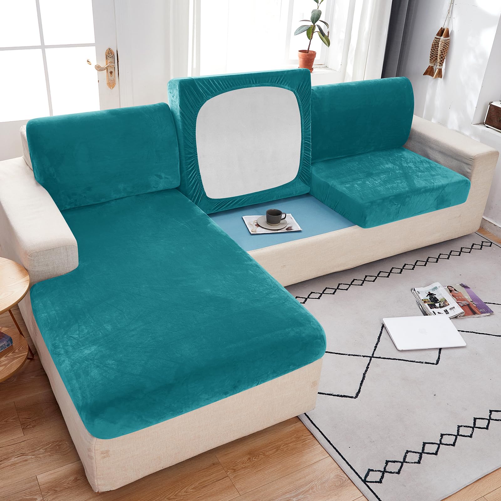 Sofa Seat Cushion Cover Stretch Velvet Sofa Slipcovers 1 2 3 4 Seater Corner L U Shaped Sofa Back Cushion Covers Replacement For Individual Cushion(4 Seater Cover L: 160-200cm- W: 65-95cm,Blue)